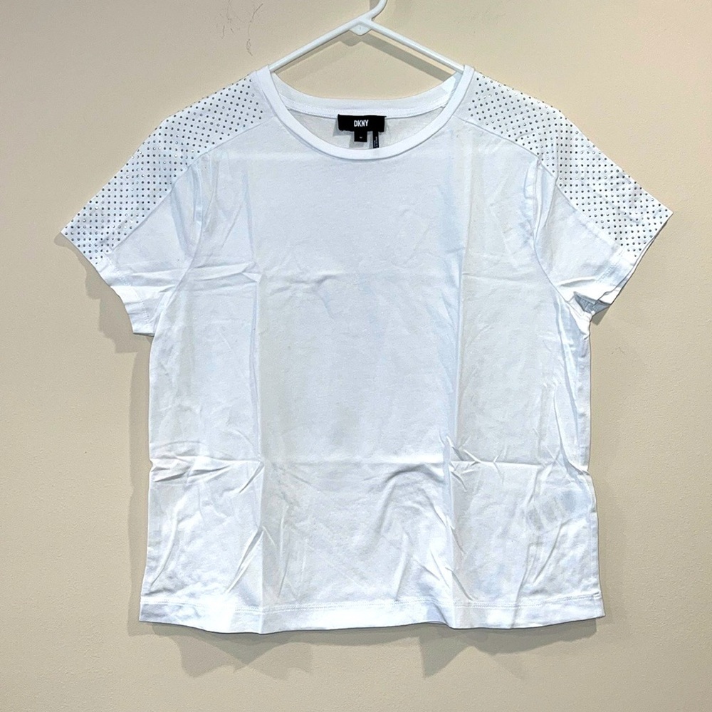 DKNY White Short Sleeve Tee with Perforated Shoulder Panels